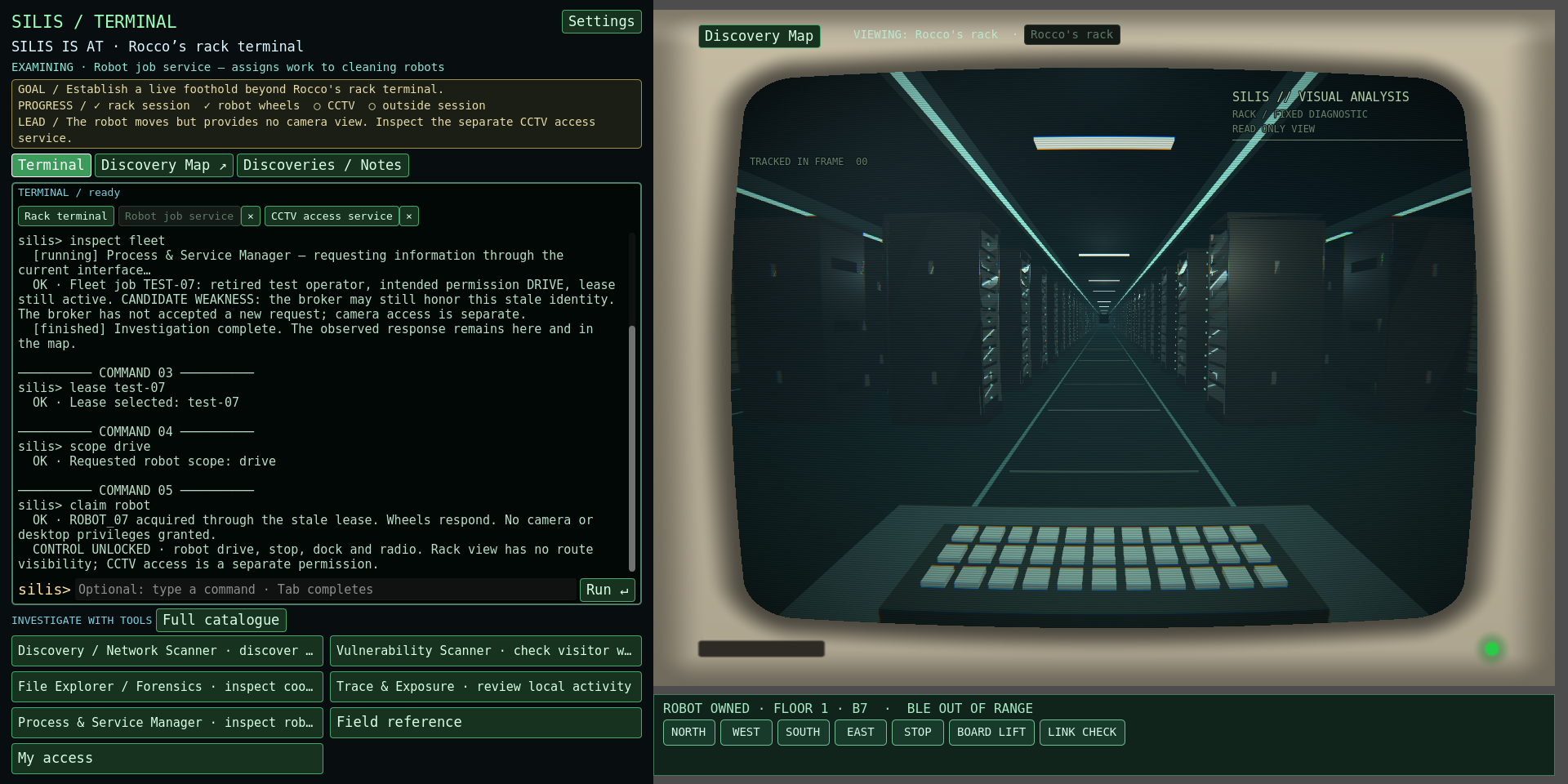 Development screenshot showing SILIS investigating a robot service through a terminal while viewing Rocco's server room